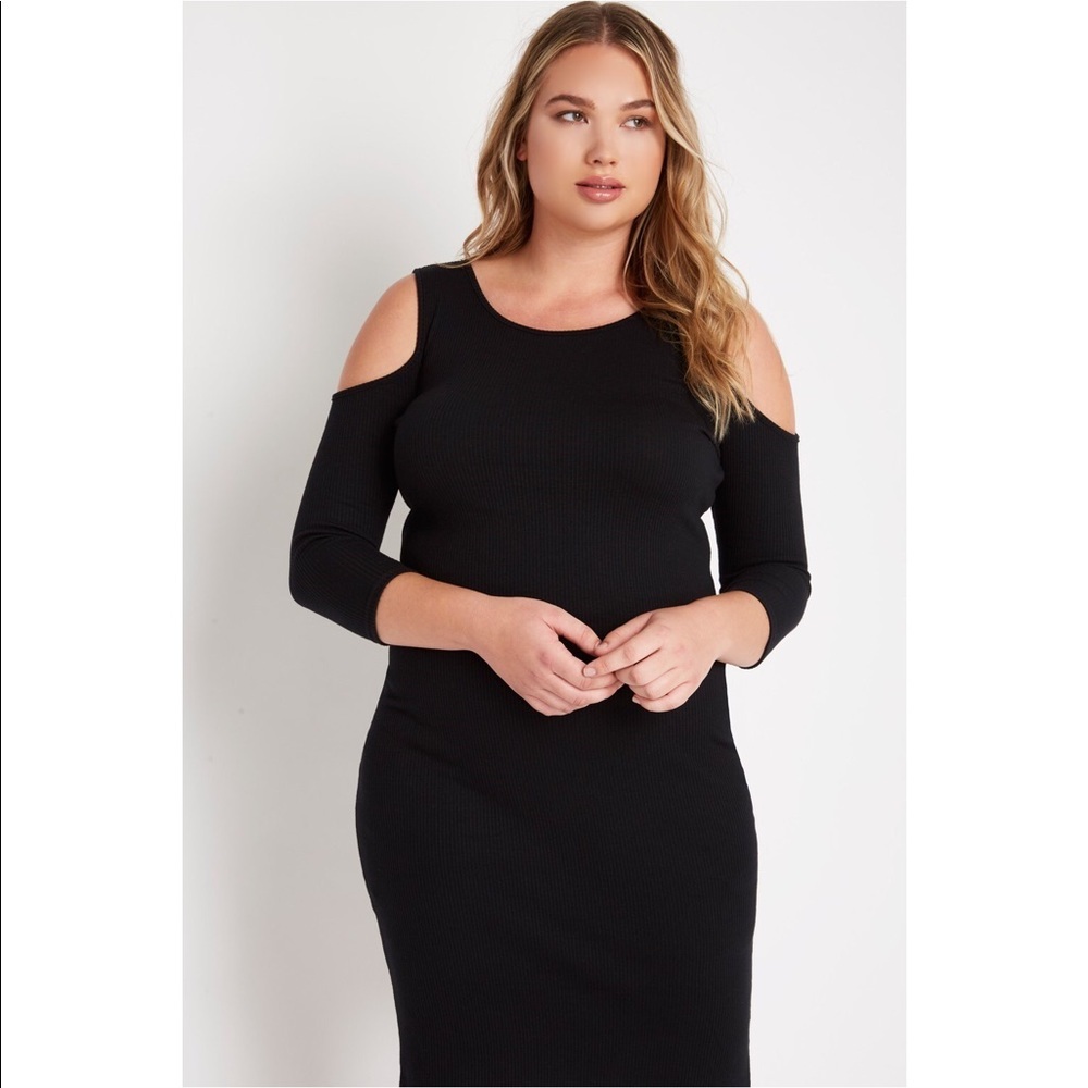 Black knit cold shoulder midi dress